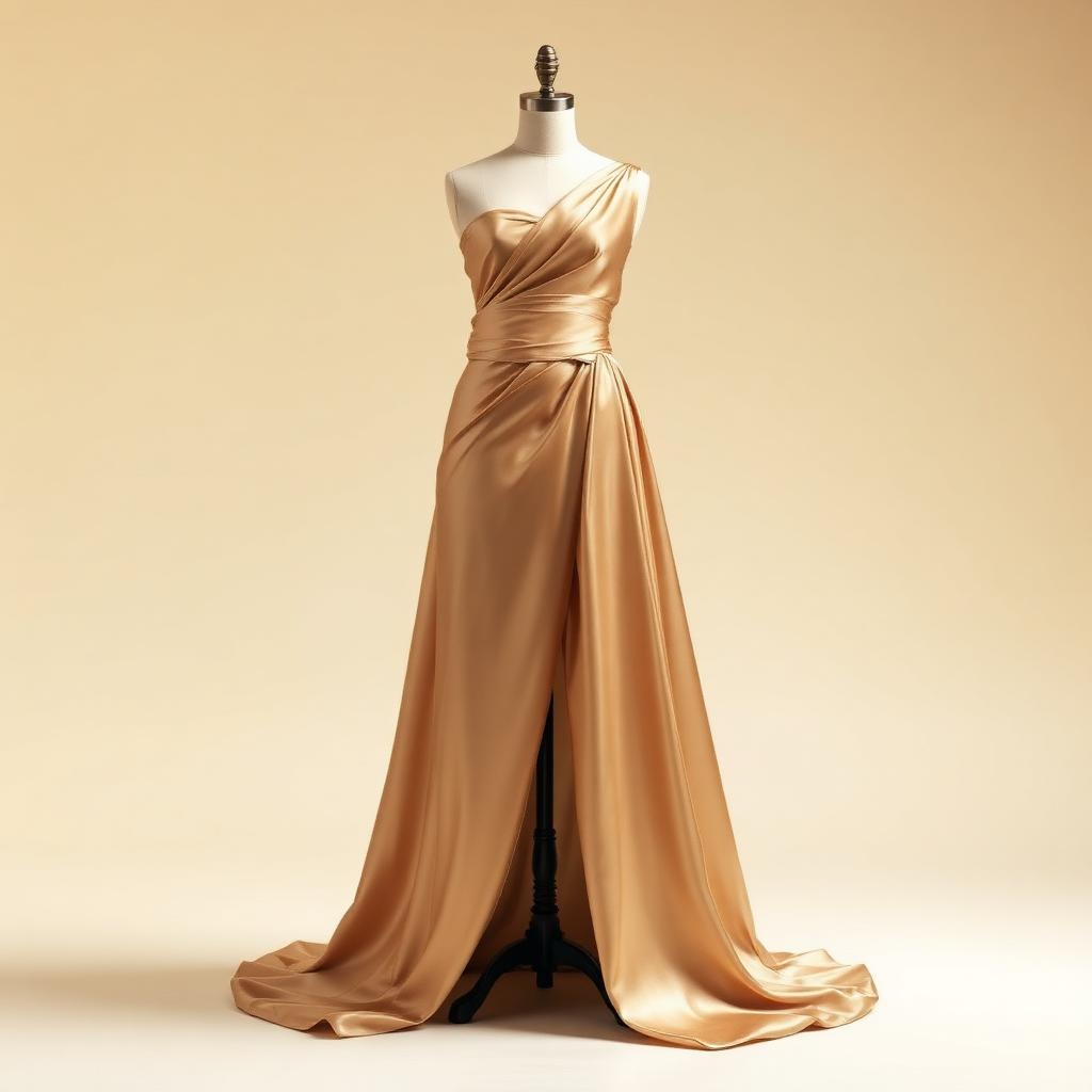 A draped couture gown in champagne silk